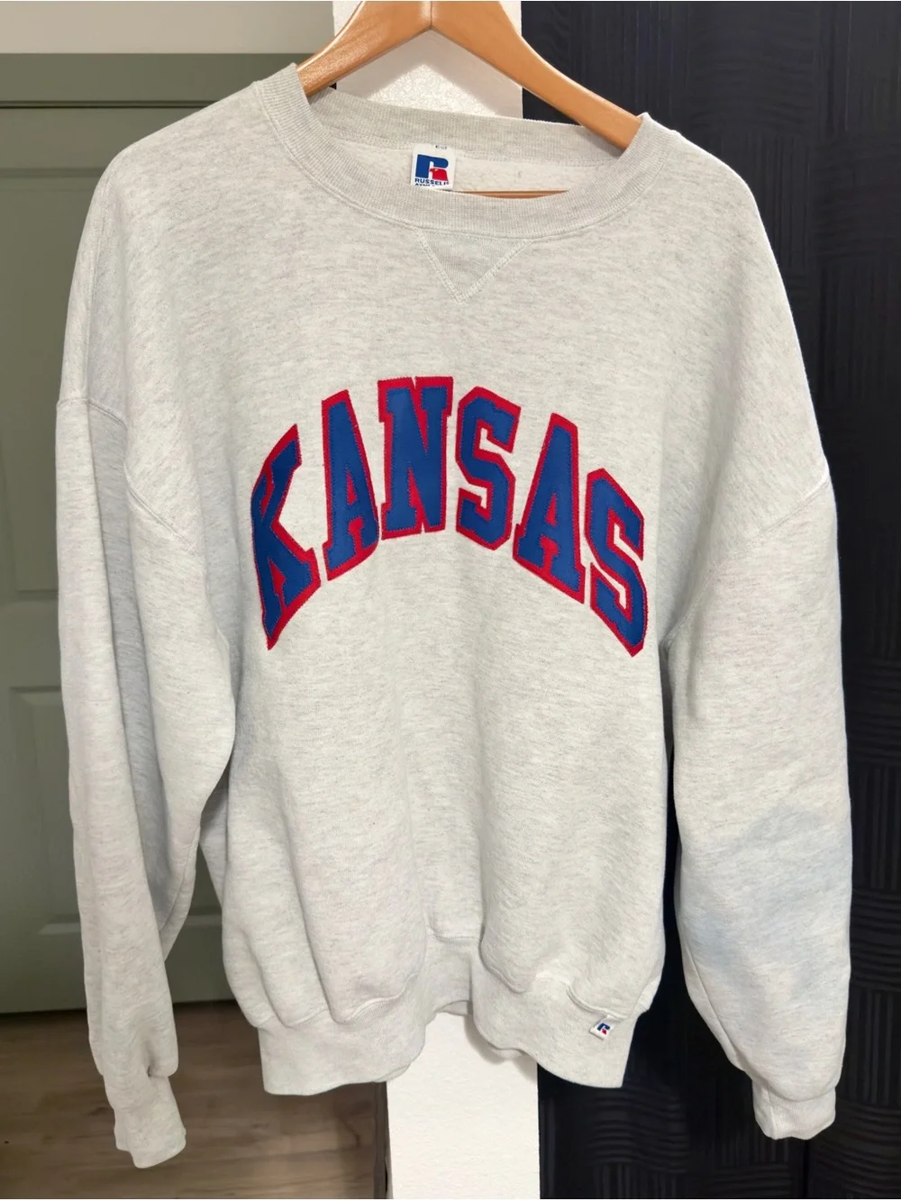 Russell Athletic Grey Crewneck with Blue and Red Kansas Applique